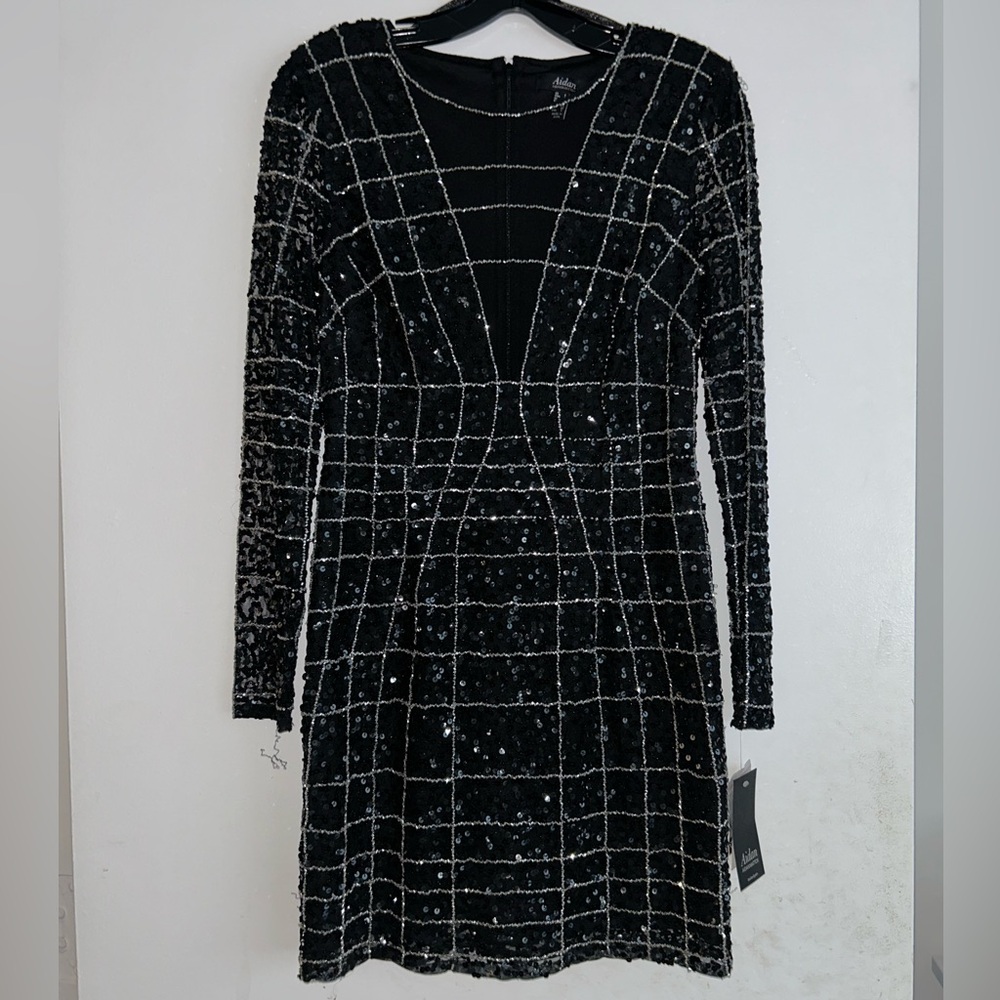 Aidan Mattox Mesh V-Neck Beaded Mini Dresss
